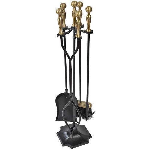 Amagabeli 5 Pieces Fireplace Tools Sets Brass Handles Wrought Iron Set and Holder