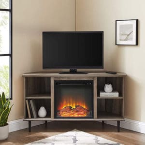 Walker Edison Simple Corner Fireplace Stand with Open 52" Flat Screen Universal TV Console Living Room Shelves Entertainment Center, Grey Wash